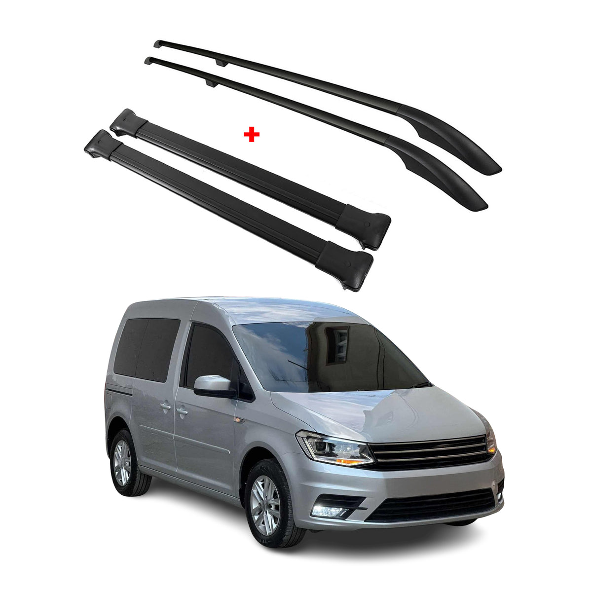 Dachreling + Dachträger SET für VW Caddy 2015-2020 Kurzer Aluminium Schwarz 4tlg