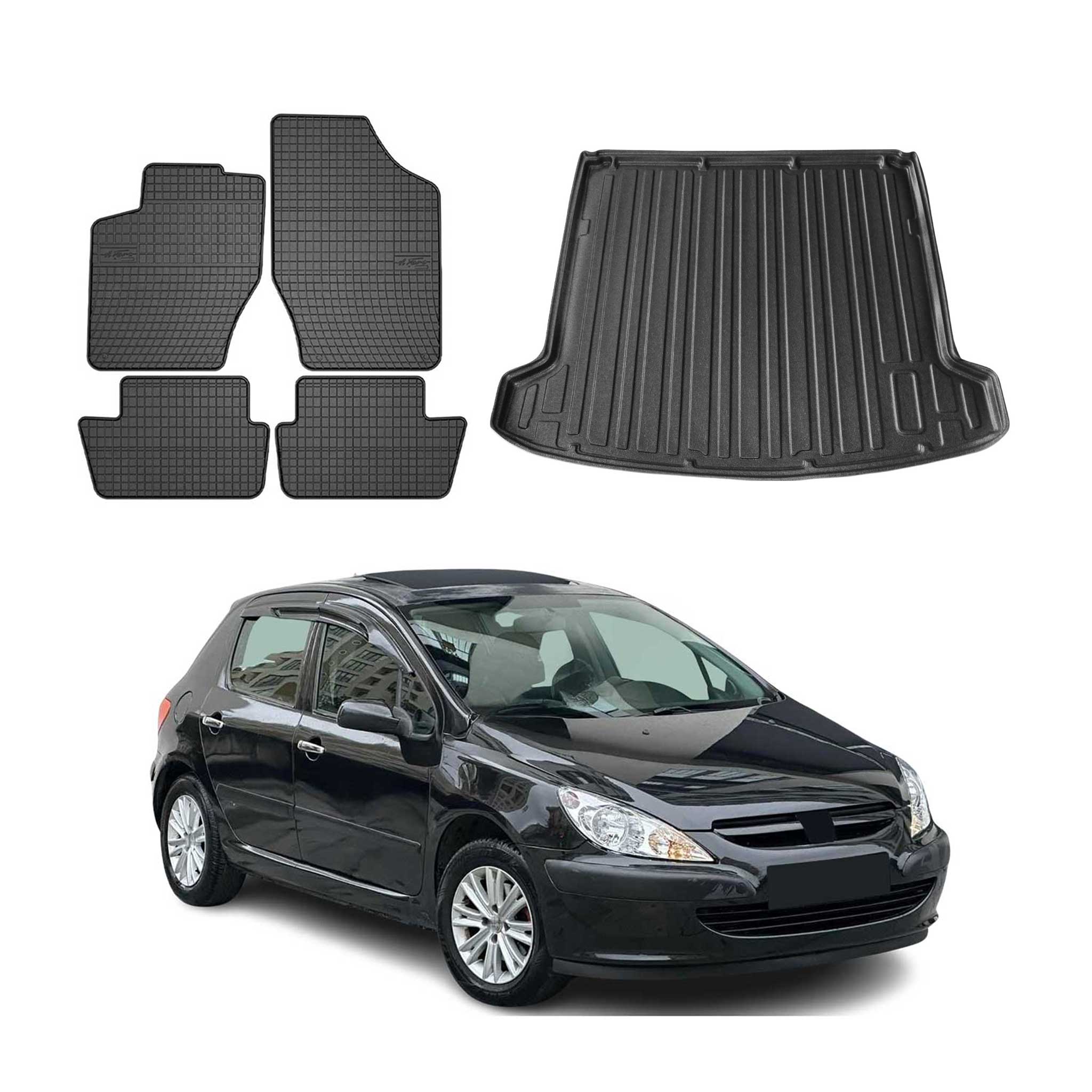 Fußmatten & Kofferraumwanne Set für Peugeot 307 2001-2009 Gummi TPE Schwarz 5x