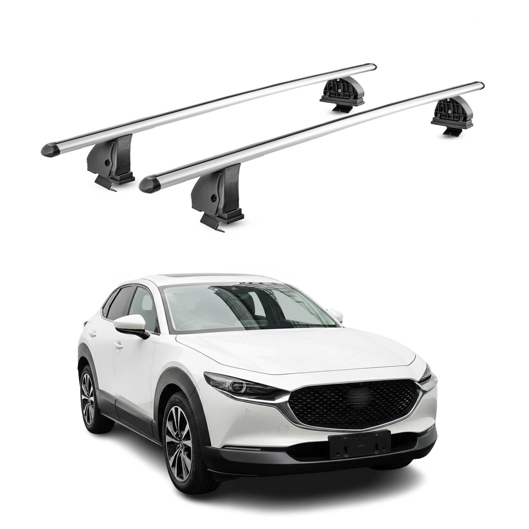 Alu Dachträger für Mazda CX-30 2020-2026 TÜV T-Nut Abschließbar 2tlg Silber