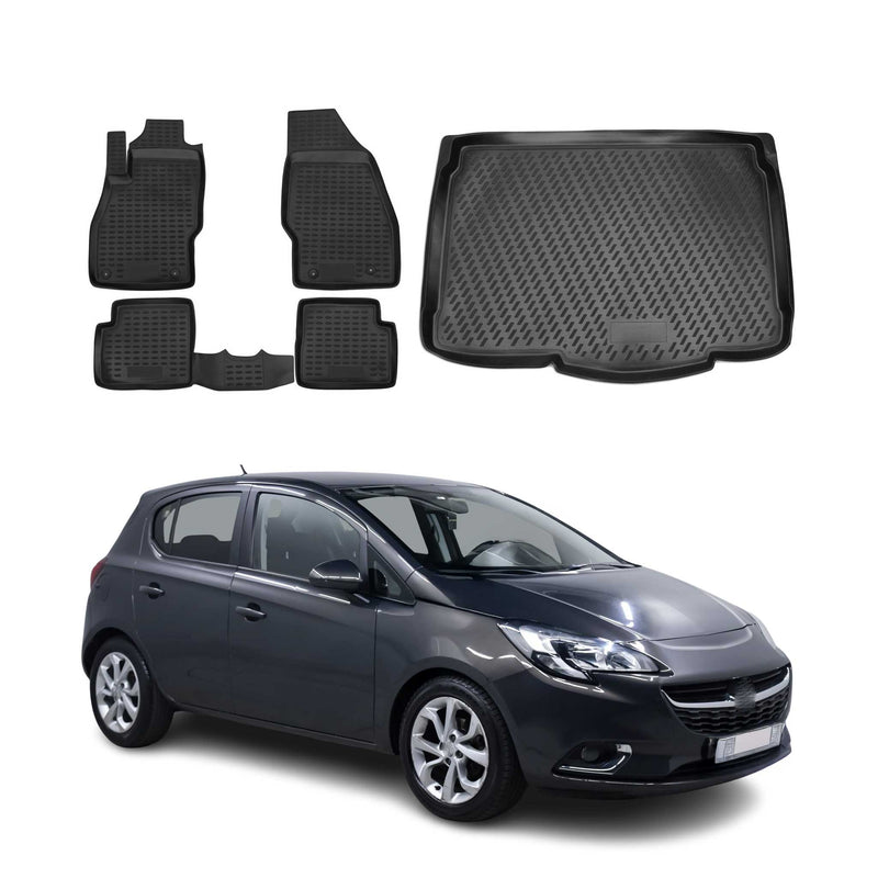 Fußmatten & Kofferraumwanne Set für Opel Corsa 2014-2019 Gummi TPE Schwarz 5x