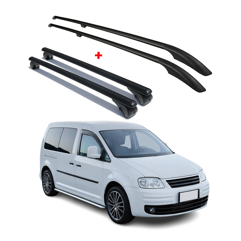 Dachreling + Dachträger SET für VW Caddy 2003-2015 L2 Langer Alu Schwarz 4tlg