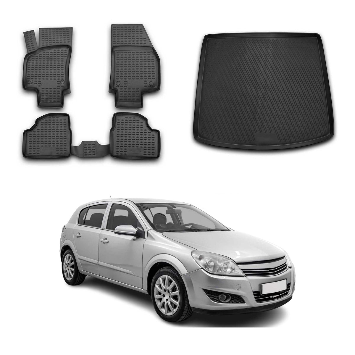 OMAC Fußmatten & Kofferraumwanne Set für Opel Astra H Schrägheck 2004-10 Schwarz