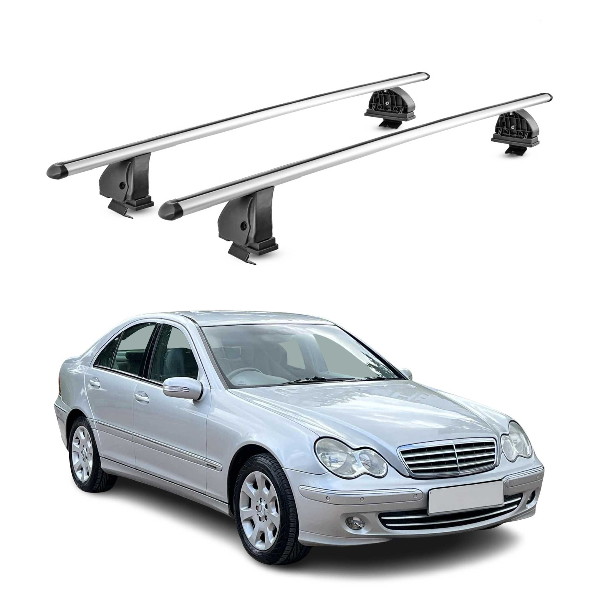 Alu Dachträger für Mercedes C Klasse W203 2001-2007 TÜV T-Nut 75 kg 2tlg Silber