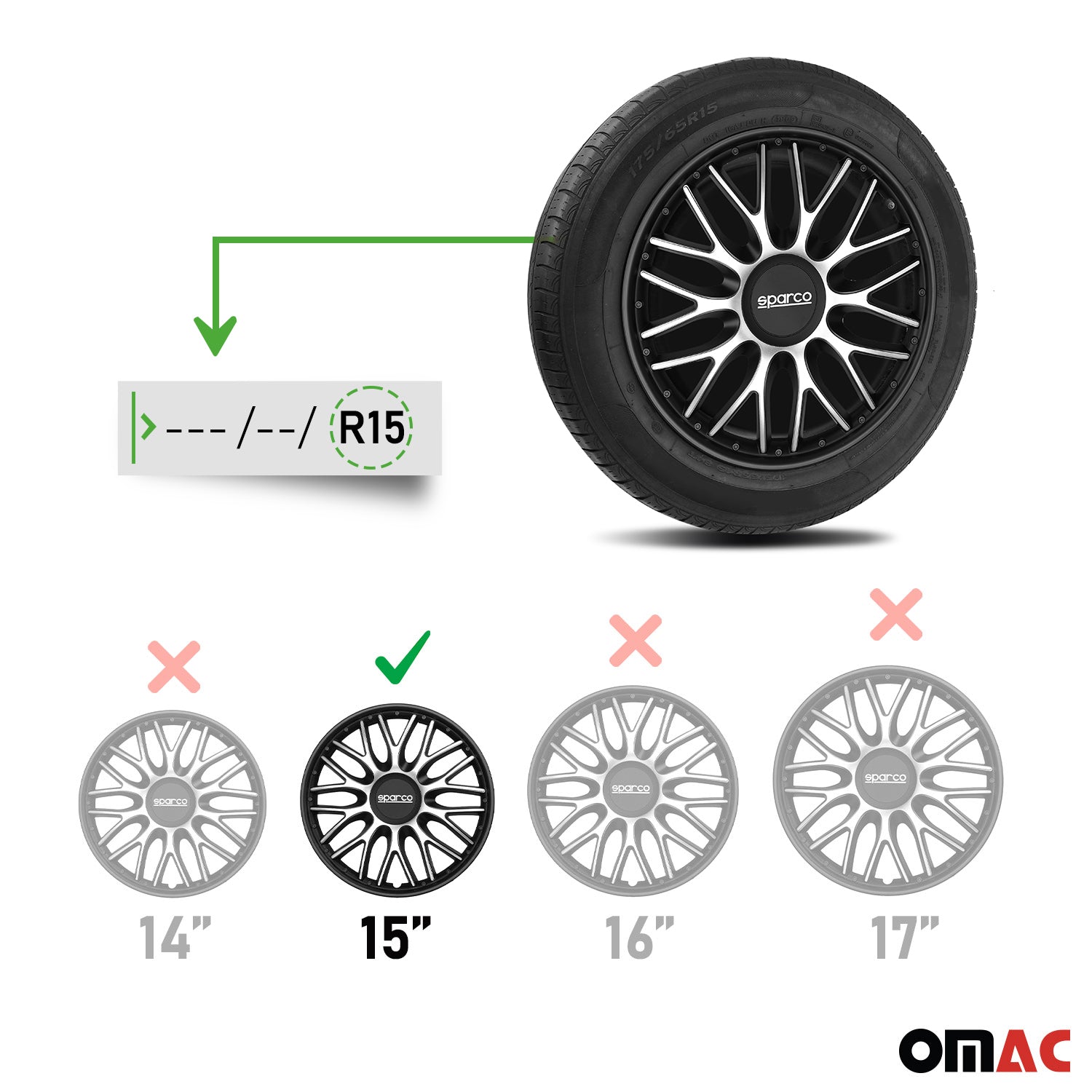 Radkappen Radzierblenden Sparco Roma 15" Zoll Abdeckung Set Silber Schwarz 4x
