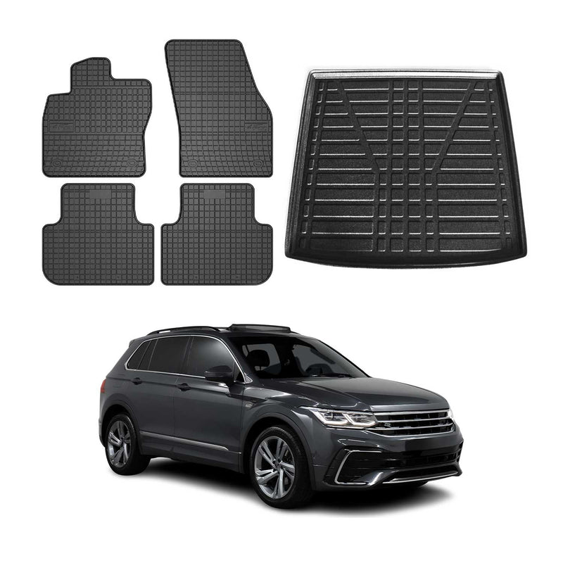 Fußmatten & Kofferraumwanne Set für VW Tiguan 2016-2024 Untere Gummi Schwarz 5x