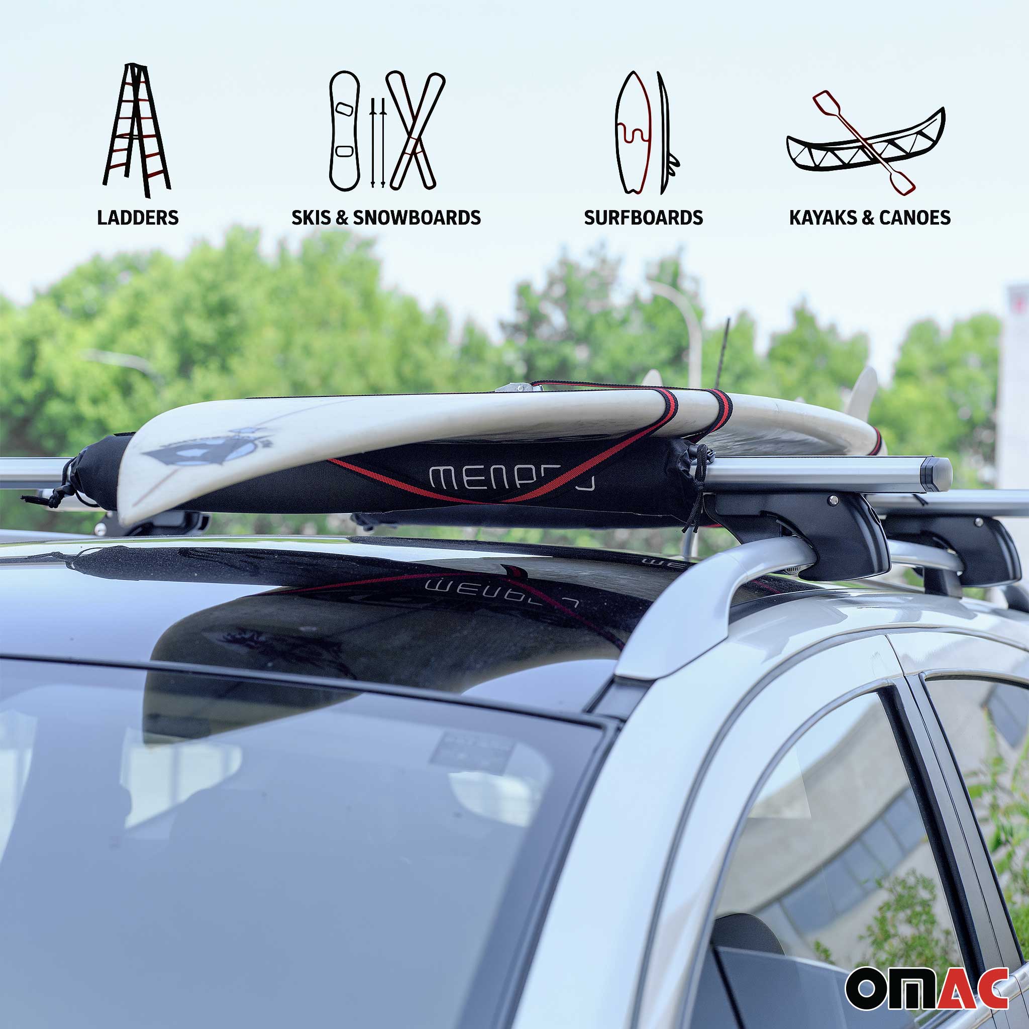 Menabo Surfbretträger Dachträger Softdach Windsurf Pad Kajak Snowboard 2x