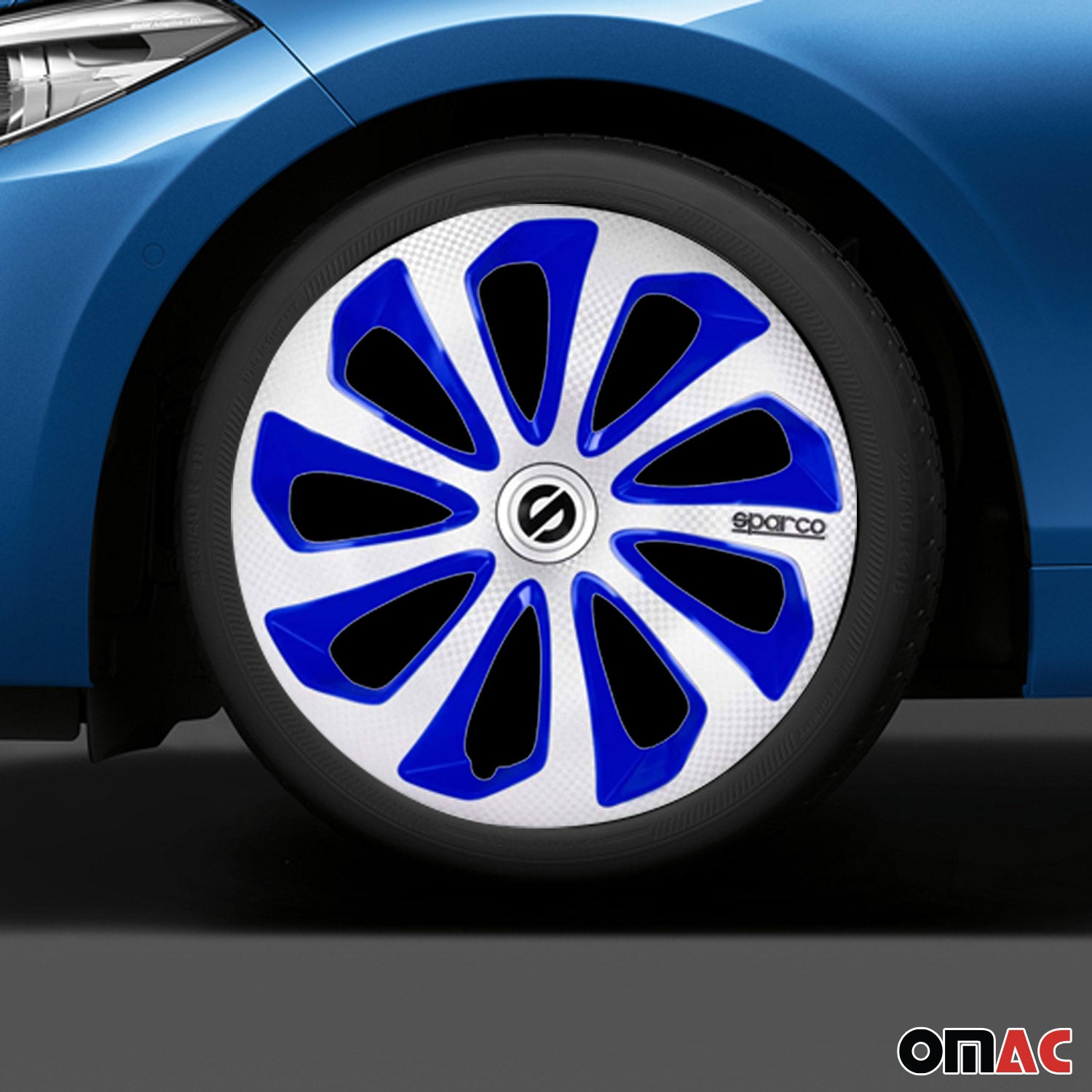 Radkappen Radzierblenden Sparco Sicilia 14" Zoll Abdeckung Silber Blau Carbon 4x
