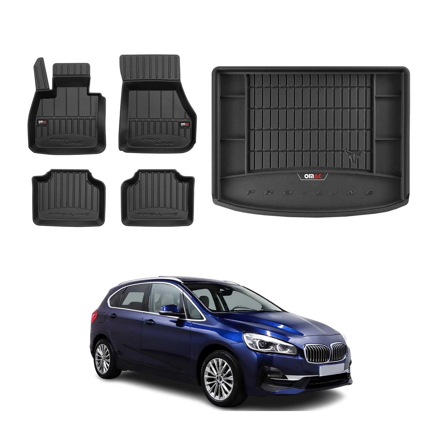 OMAC Fußmatten & Kofferraumwanne Set für BMW 2er F45 2014-2021 Gummi Schwarz 5x