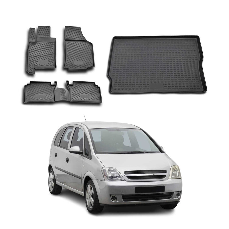 Fußmatten & Kofferraumwanne Set für Opel Meriva 2003-2009 Gummi TPE Schwarz 5x