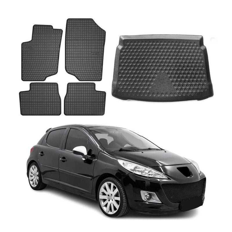 Fußmatten & Kofferraumwanne Set für Peugeot 207 Schrägheck 2006-2012 Gummi 5x