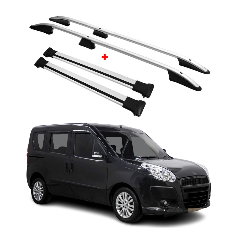 Dachreling + Dachträger SET für Fiat Doblo L1 Kurzer 2010-2021 Alu Silber 4tlg