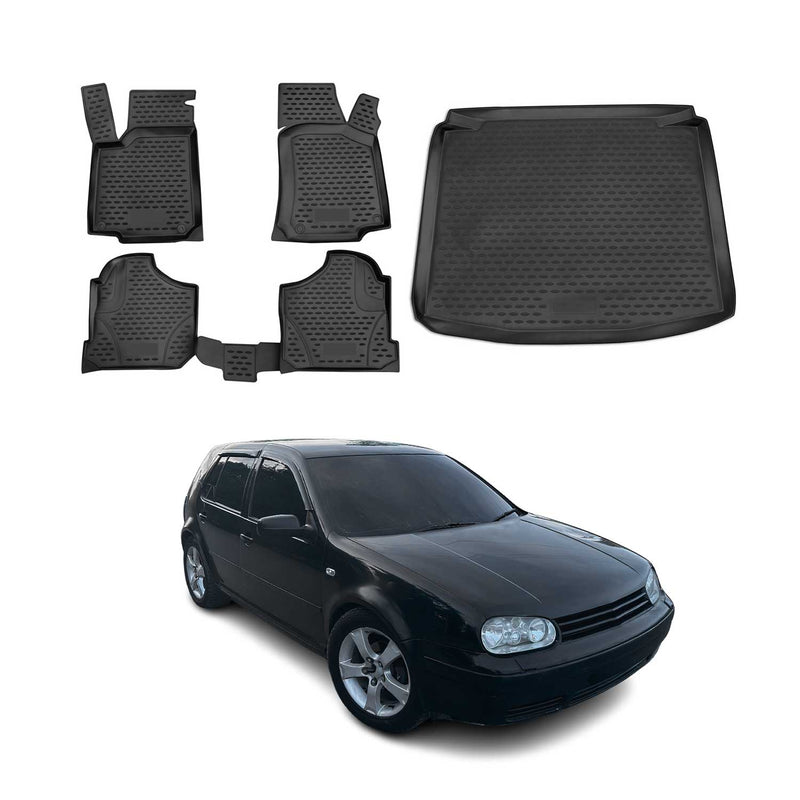 Fußmatten & Kofferraumwanne Set für VW Golf 1997-2006 Schrägheck TPE Schwarz