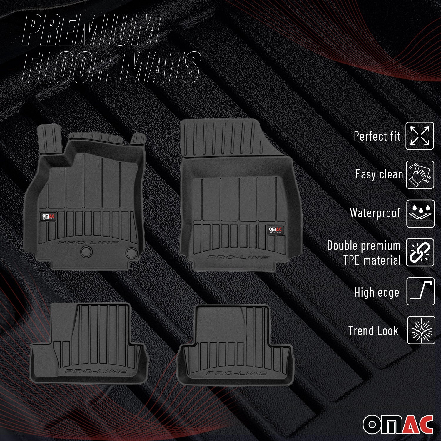 OMAC Gummi Fußmatten für Renault Megane III Coupé 2008-2016 Premium Schwarz 4x