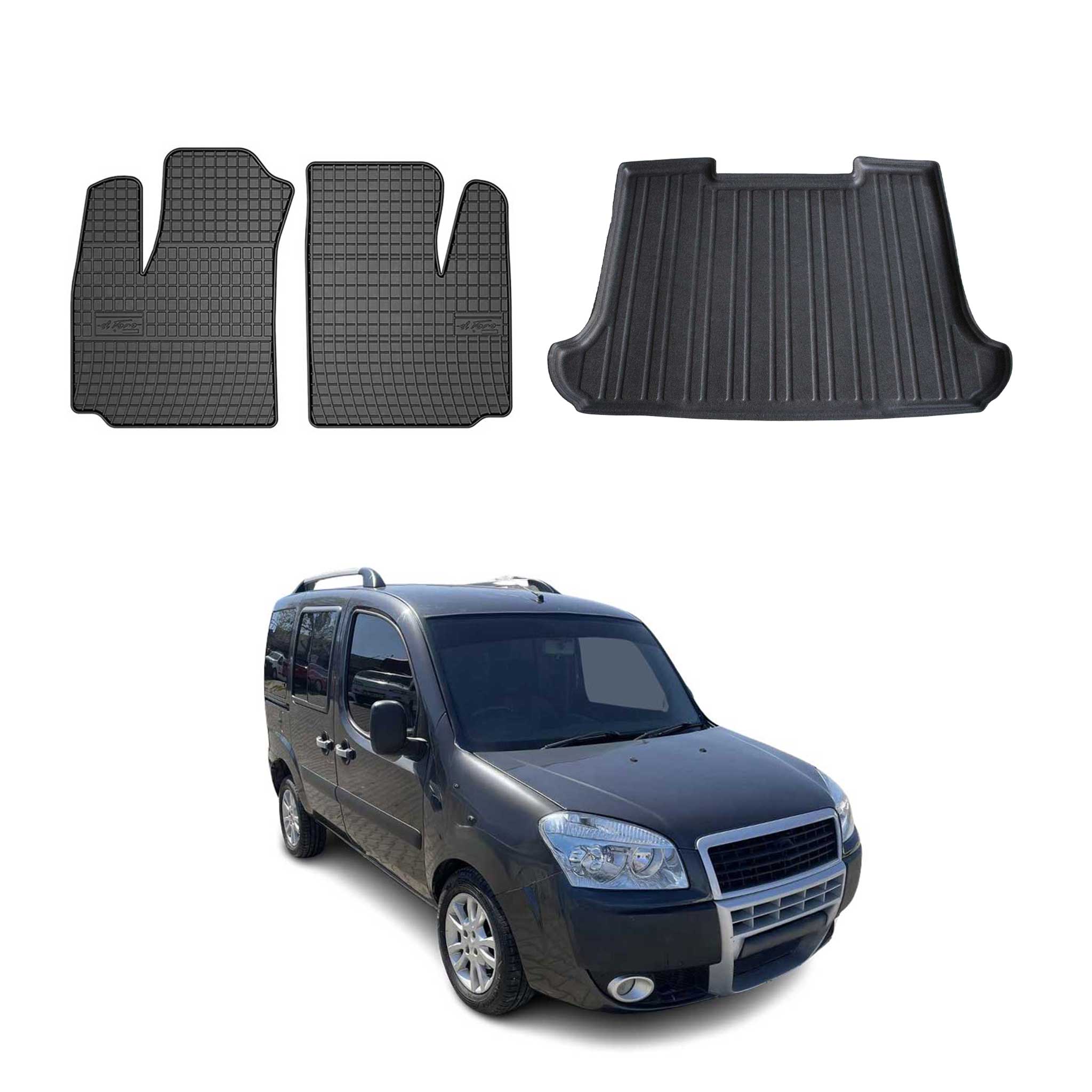 Fußmatten & Kofferraumwanne Set für Fiat Doblo 2000-2010 Gummi TPE Schwarz 3x