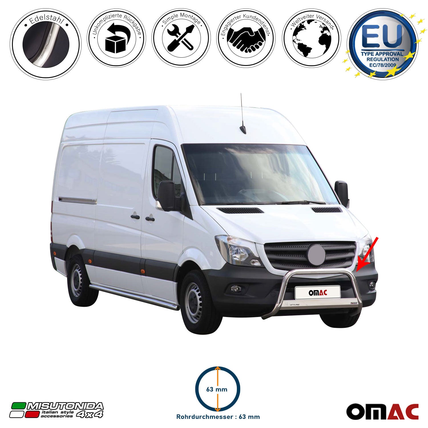 Frontbügel Frontschutzbügel für Mercedes Sprinter 2013-2018 ø63mm Stahl Silber