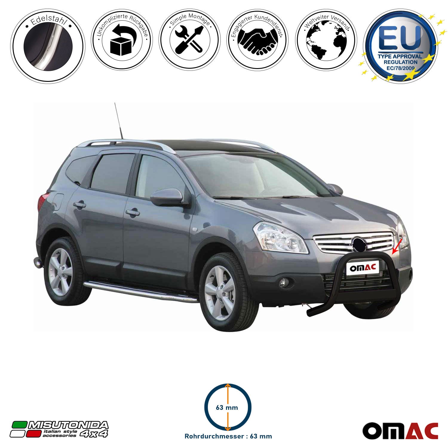Frontbügel Frontschutzbügel für Nissan Qashqai +2 2008-2013 ø63mm Stahl Schwarz