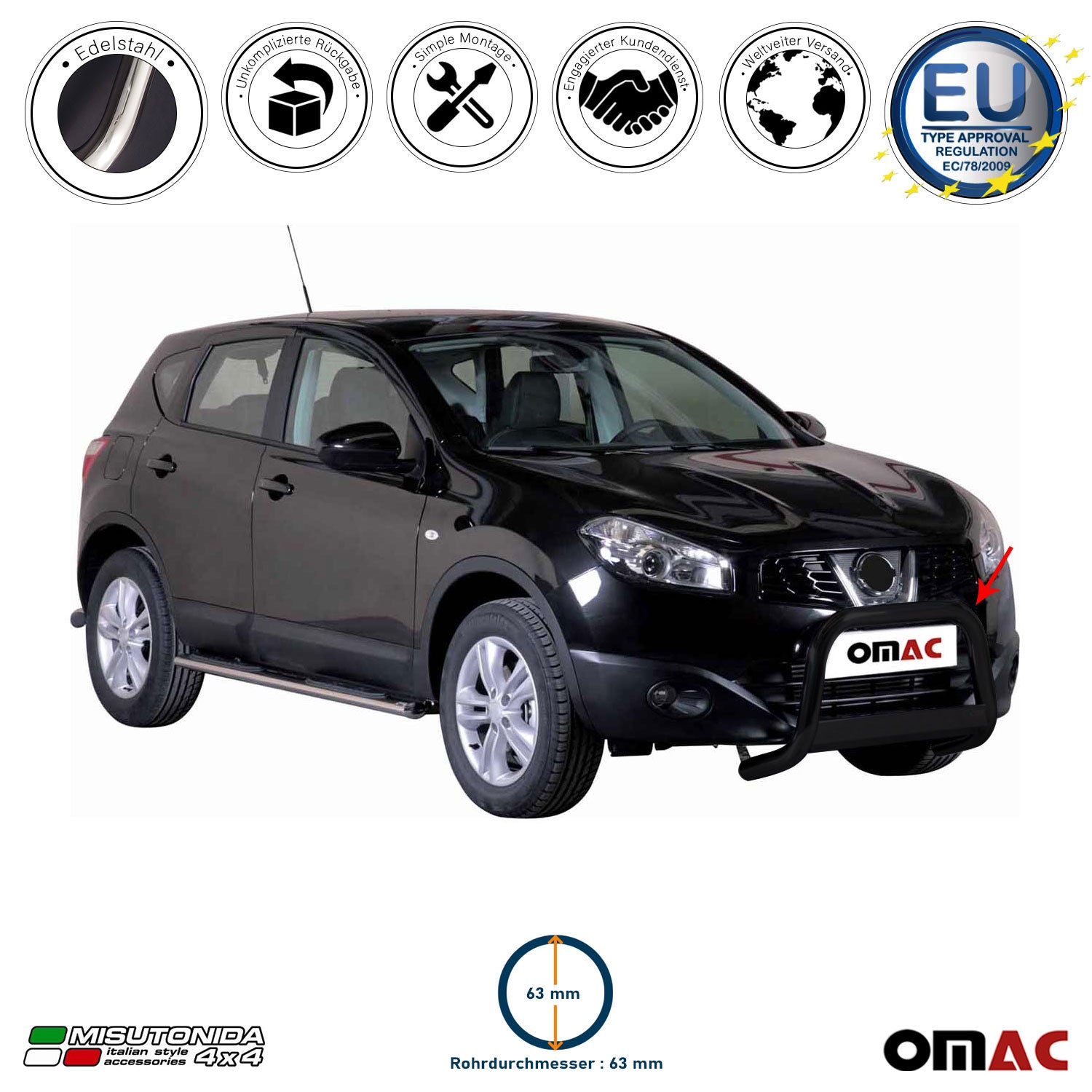 Frontbügel Frontschutzbügel für Nissan Qashqai 2017-2021 ø63mm Stahl Schwarz