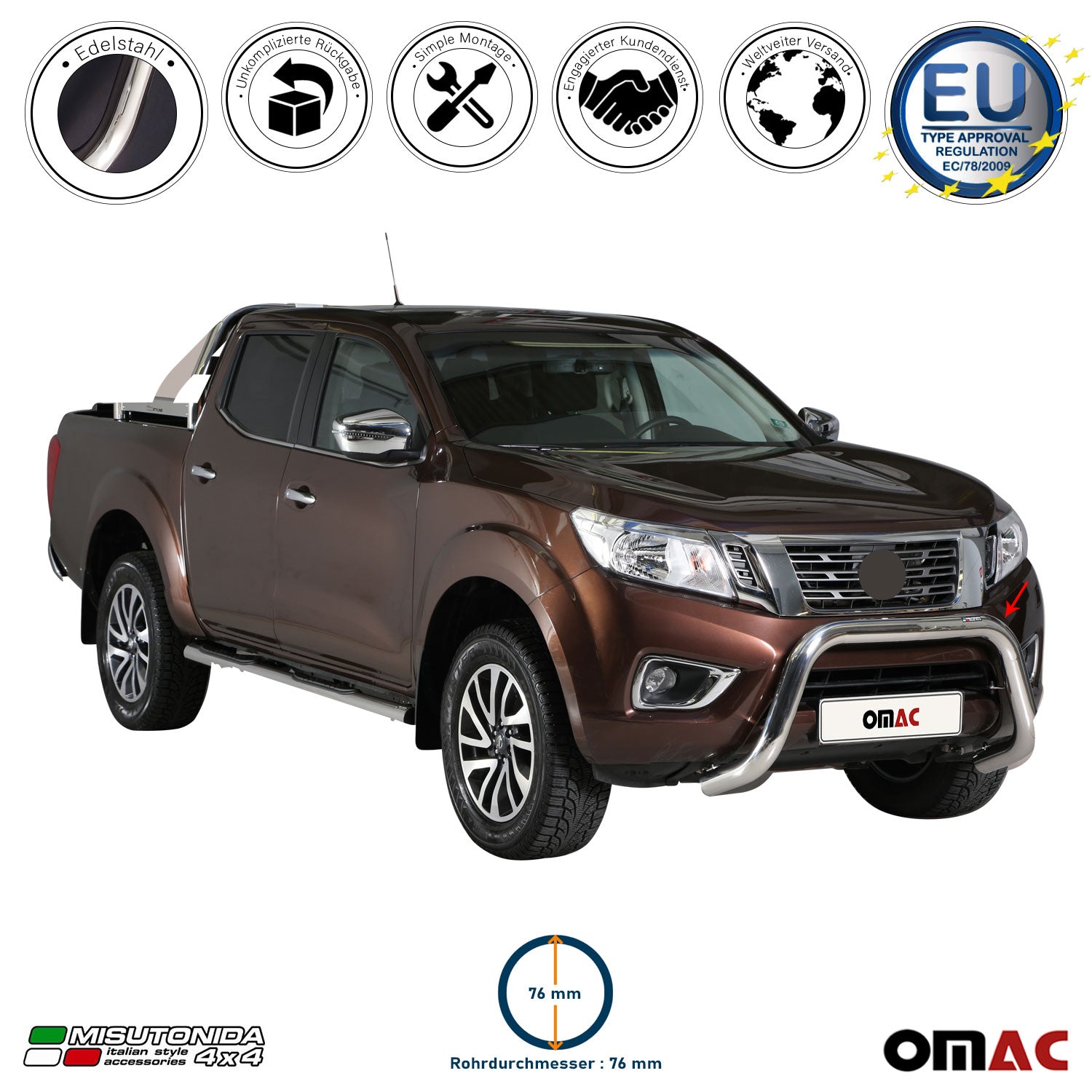 Frontbügel Frontschutzbügel für Nissan NP300 Navara 2016-2021 ø76mm Stahl Silber