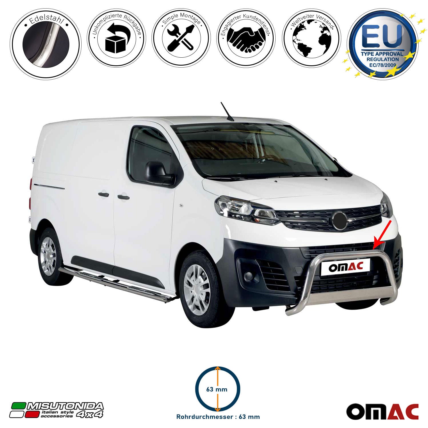 Edelstahl Frontbügel Frontschutzbügel für Opel Vivaro 2019-2021 Grau Ø 63 mm