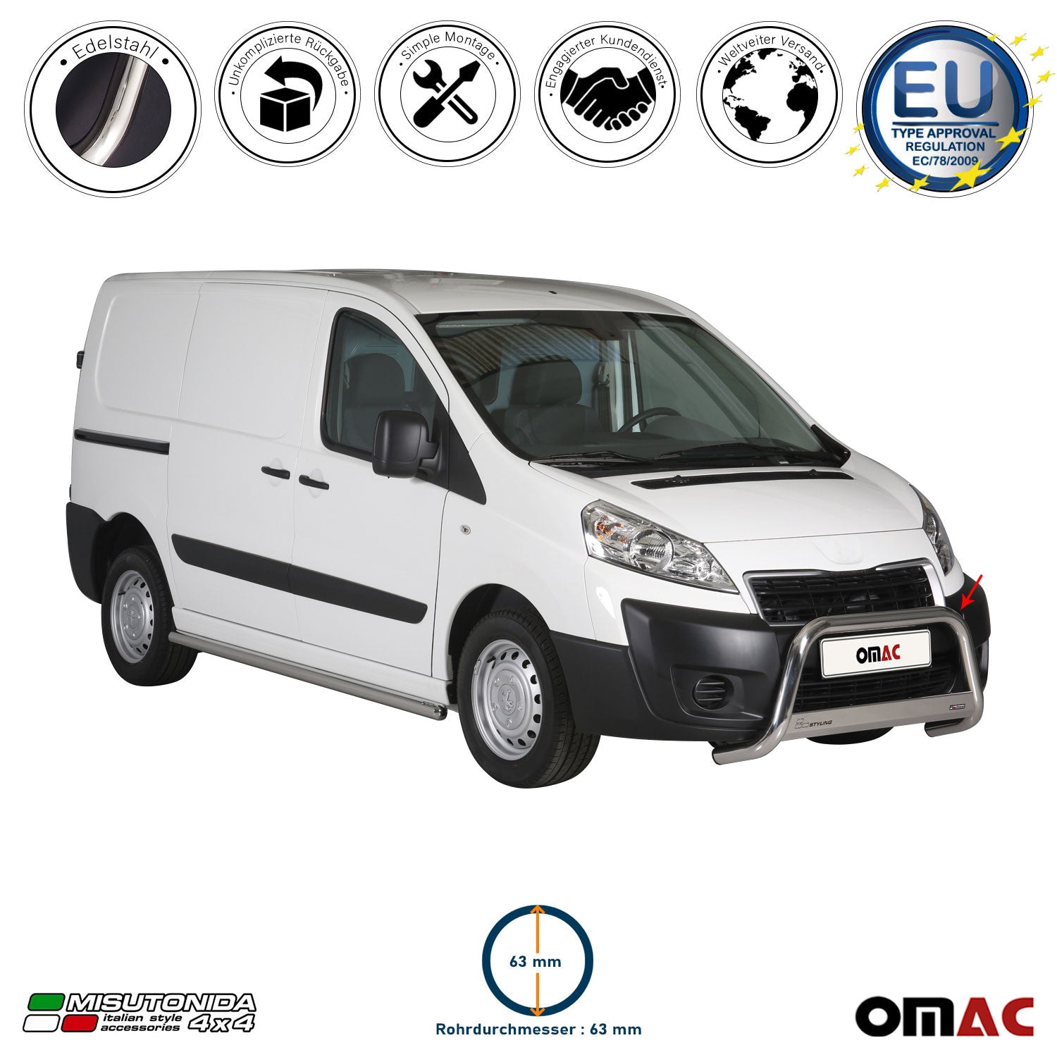 Frontbügel Frontschutzbügel für Peugeot Expert 2013-2016 ø63mm Stahl Silber