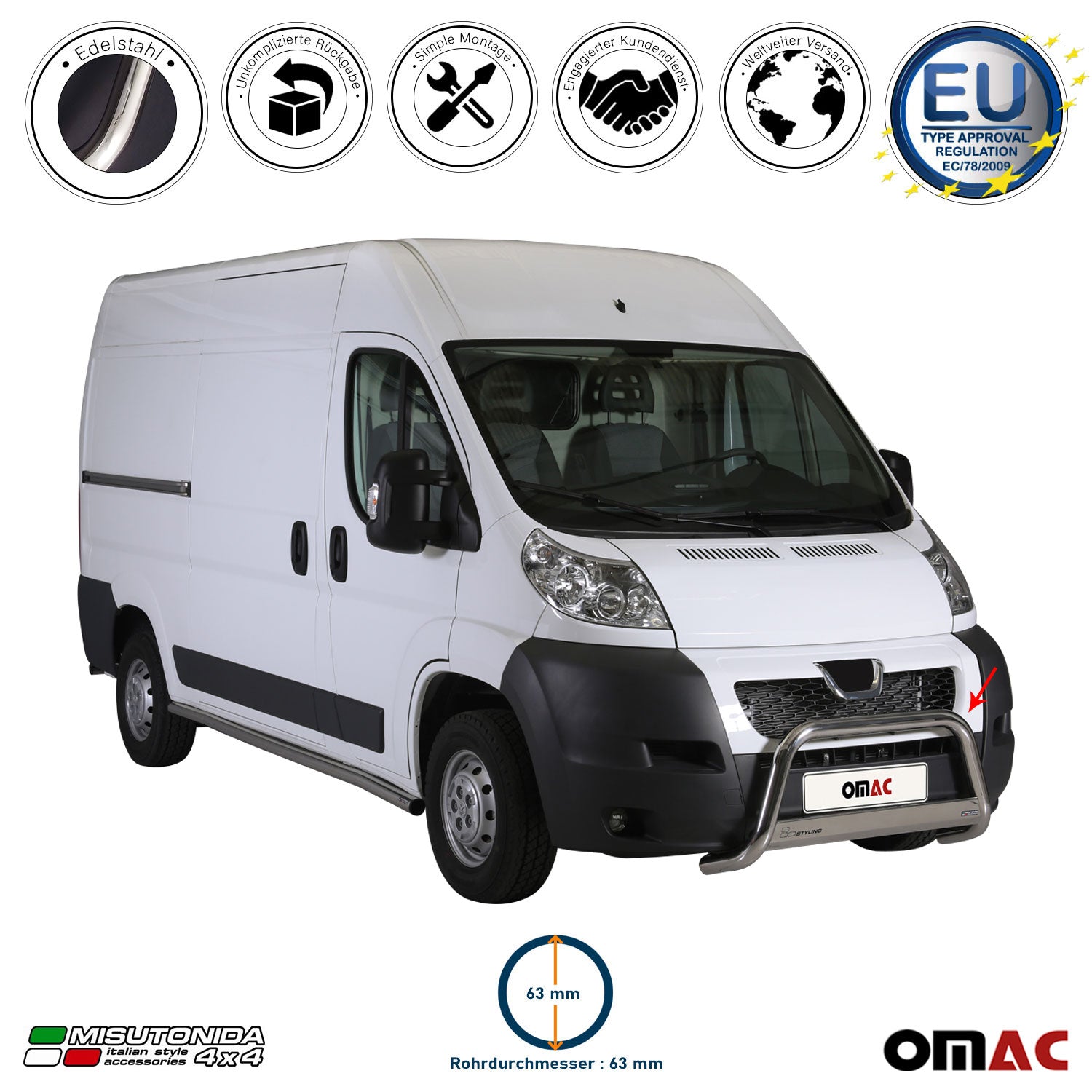 Frontbügel Frontschutzbügel für Peugeot Boxer 2006-2013 ø63mm Stahl Silber