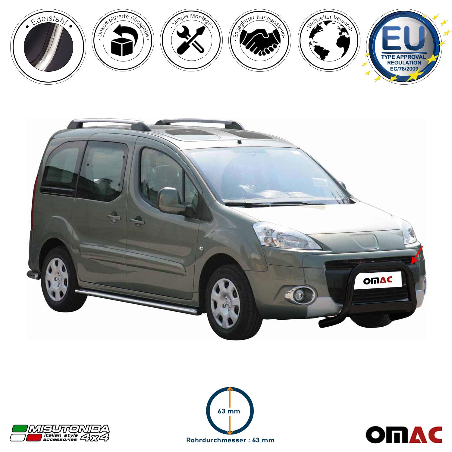 Frontbügel Frontschutzbügel für Peugeot Partner 2008-2015 ø63mm Stahl Schwarz