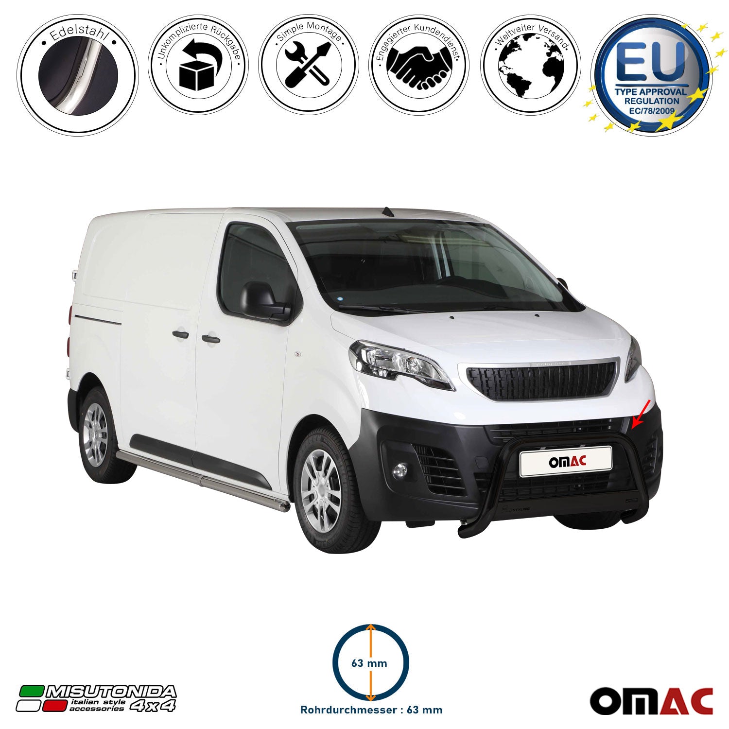 Frontbügel Frontschutzbügel für Peugeot Expert 2016-2026 ø63mm Stahl Schwarz