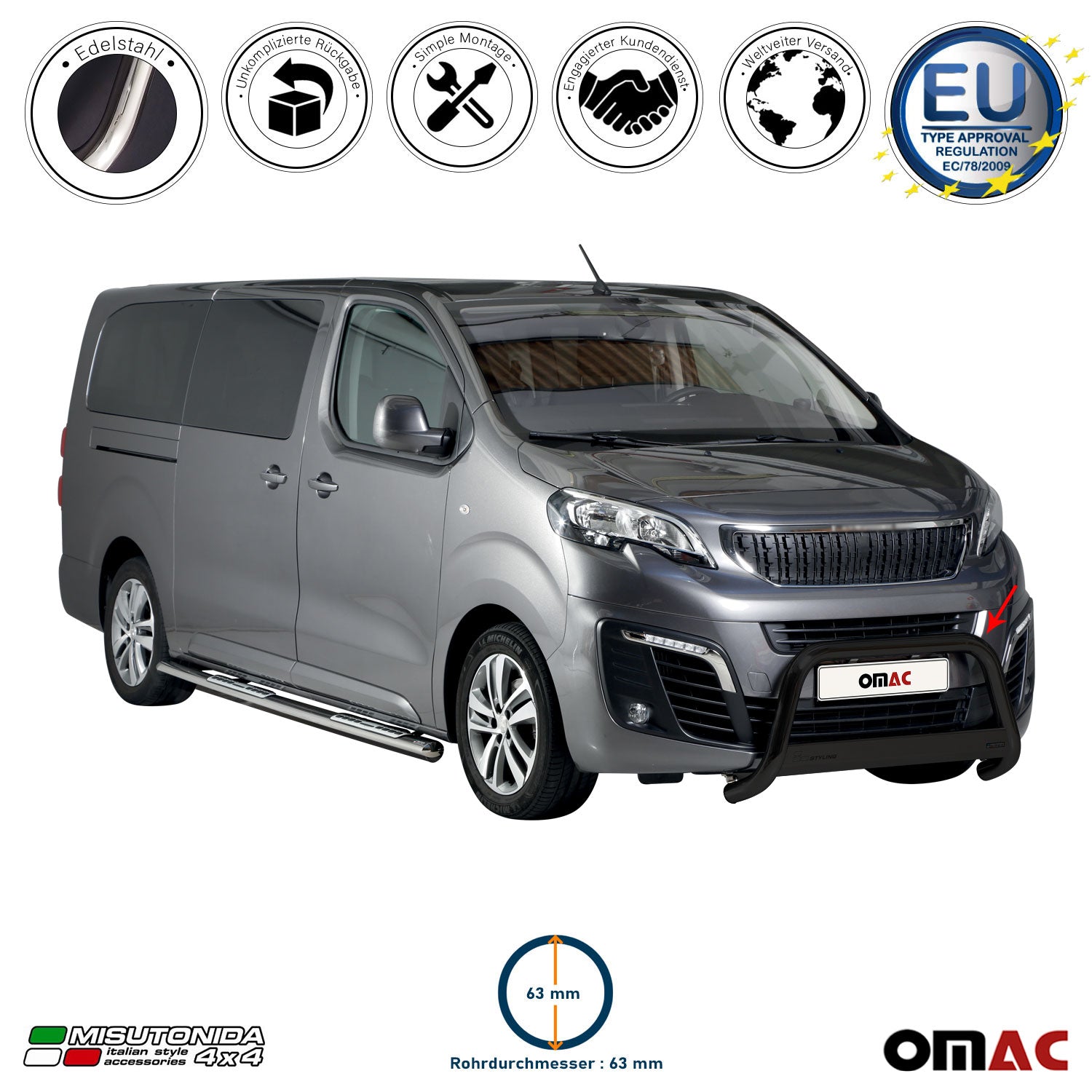 Frontbügel Frontschutzbügel für Peugeot Expert Traveller 2016-2026 ø63 Schwarz