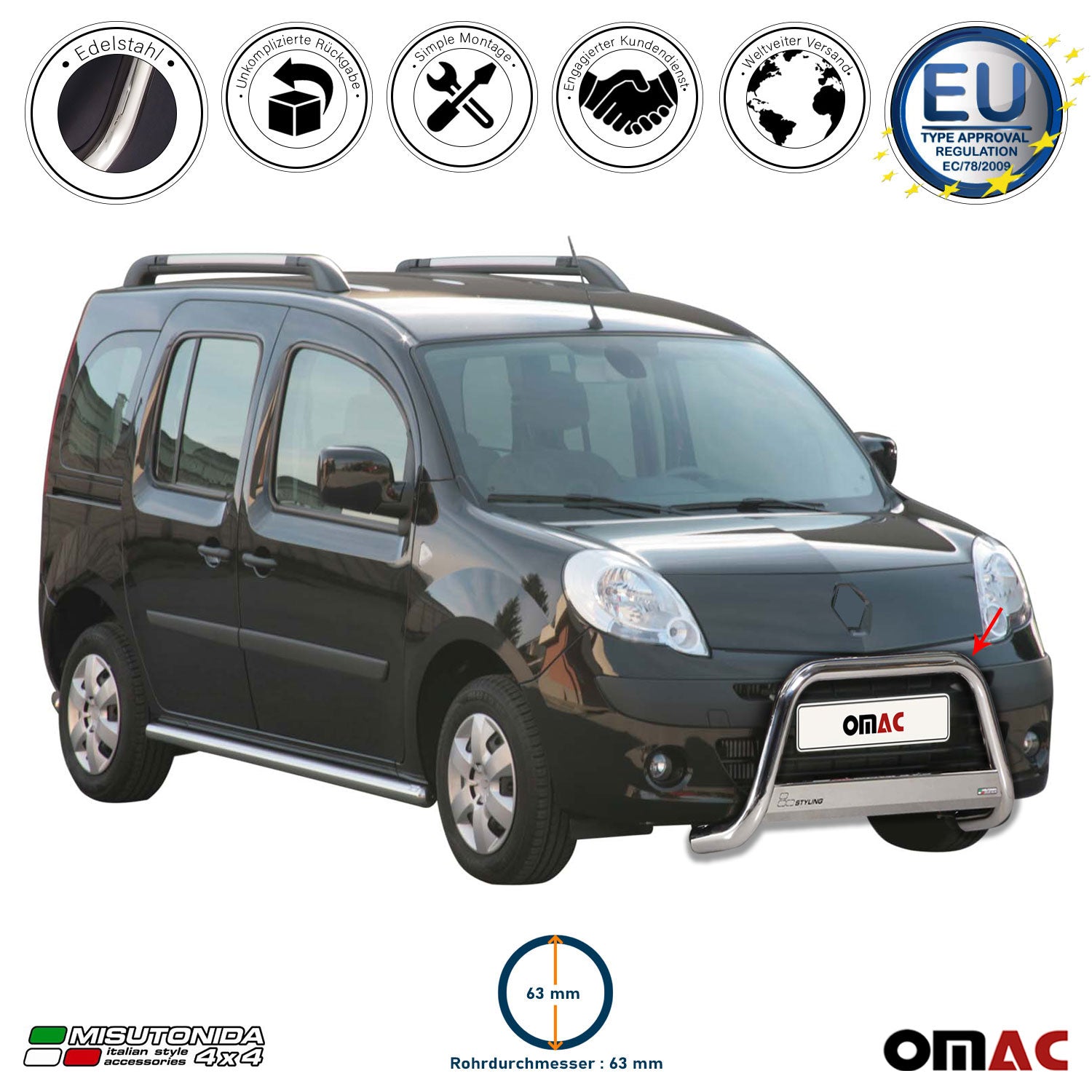 Frontbügel Frontschutzbügel für Renault Kangoo 2008-2013 ø63mm Stahl Silber