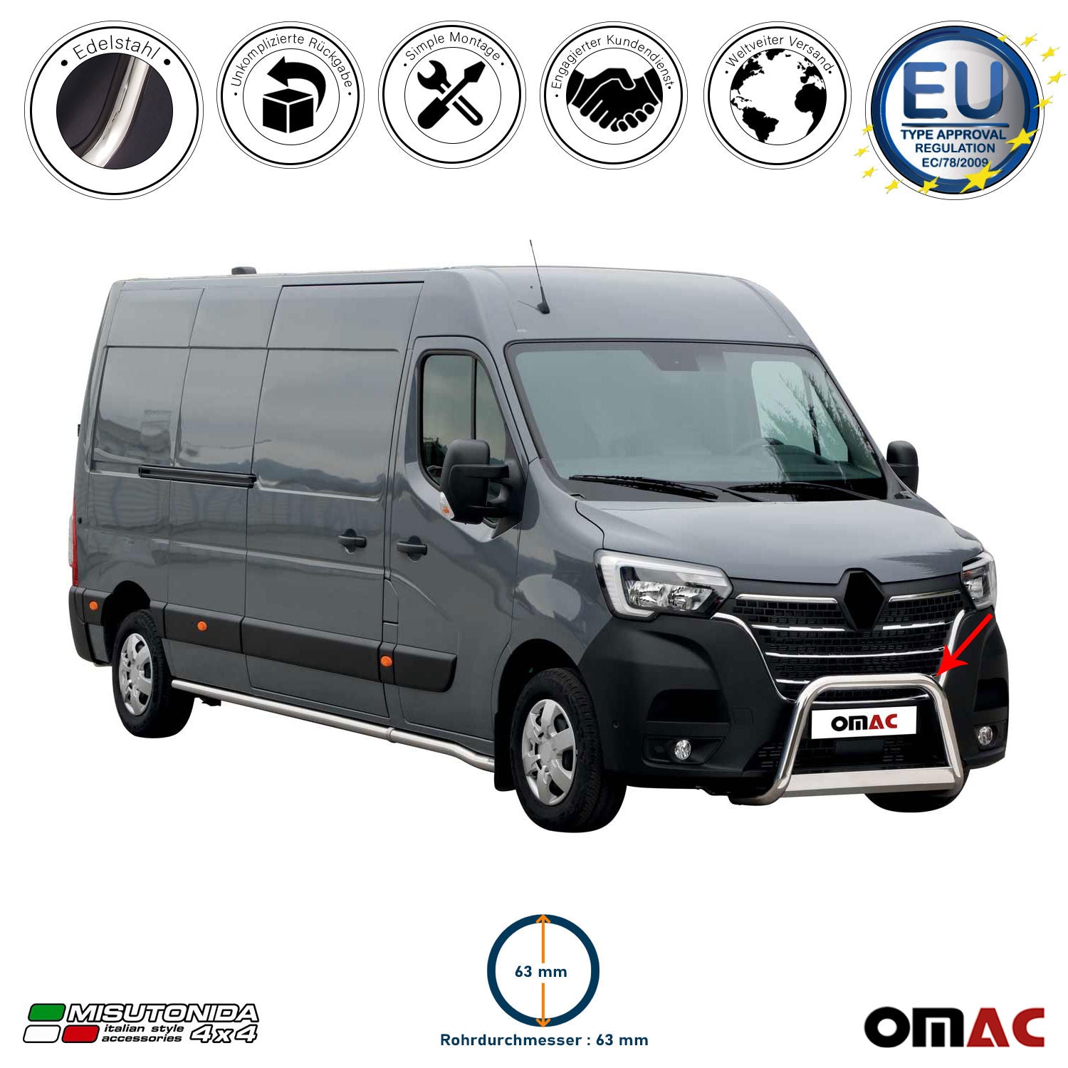 Frontbügel Frontschutzbügel für Renault Master 2019-2023 ø63mm Stahl Silber