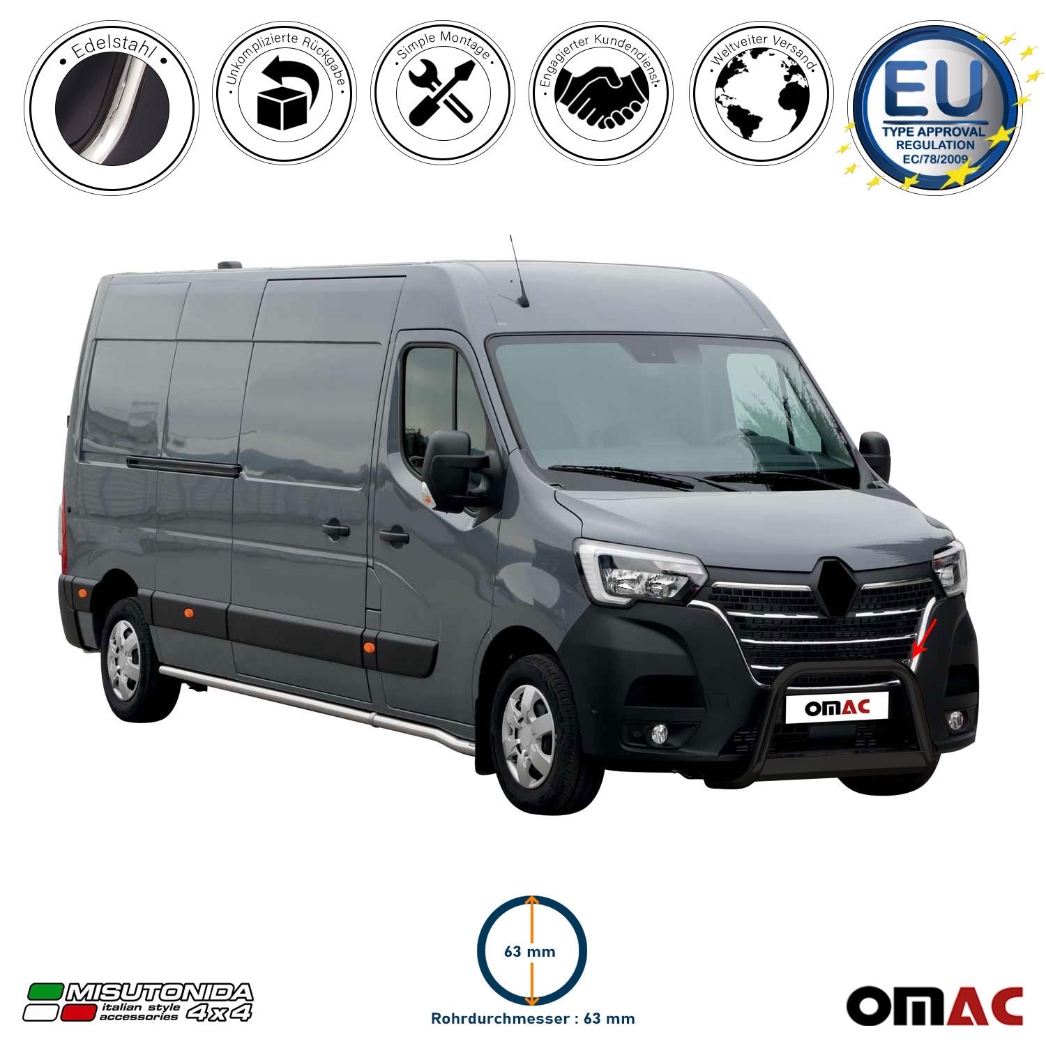 Frontbügel Frontschutzbügel für Renault Master 2019-2023 ø63mm Stahl Schwarz