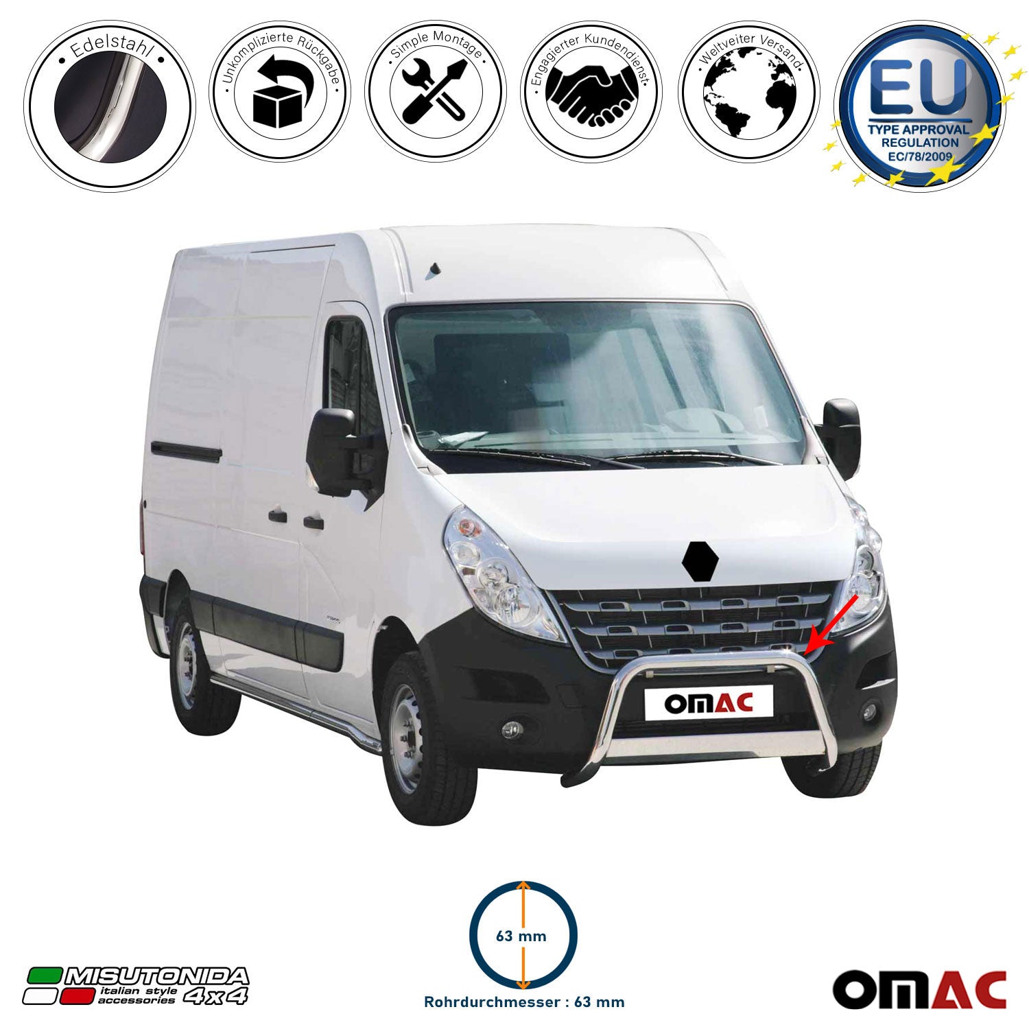 Frontbügel Frontschutzbügel für Renault Master 2010-2018 ø63mm Stahl Silber