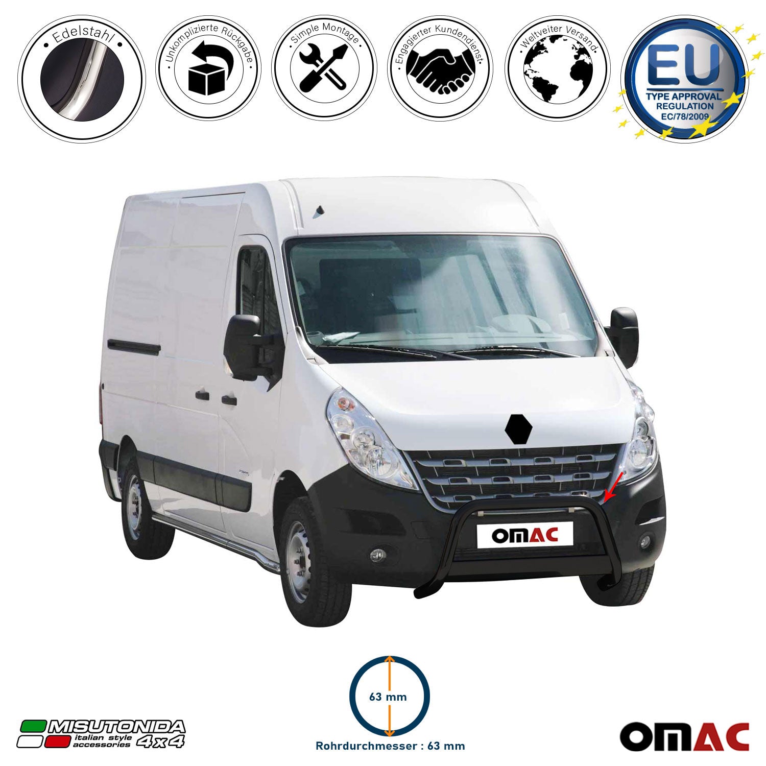 Frontbügel Frontschutzbügel für Renault Master 2010-2018 ø63mm Stahl Schwarz