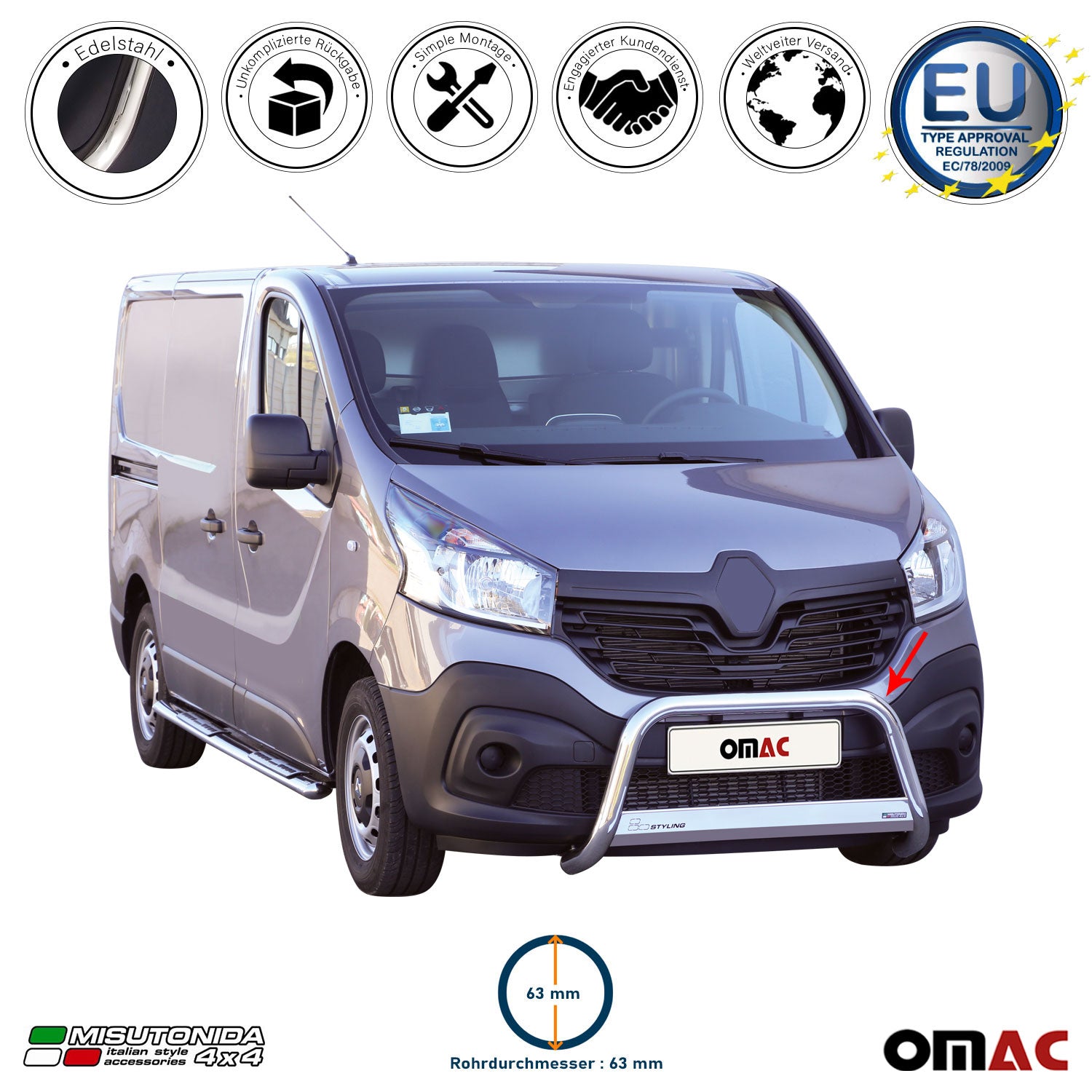 Frontbügel Frontschutzbügel für Renault Trafic 2014-2019 ø63mm Stahl Silber