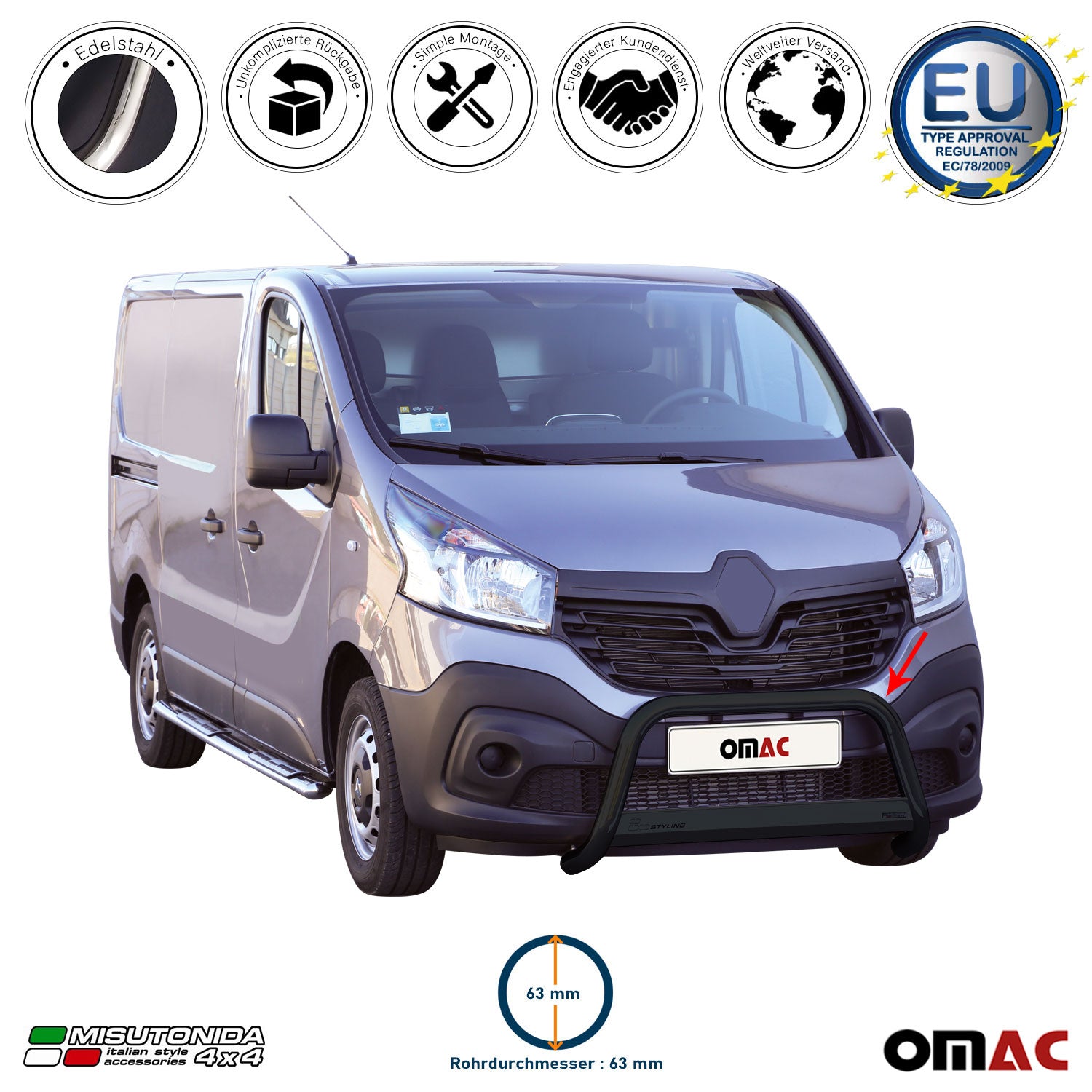 Frontbügel Frontschutzbügel für Renault Trafic 2014-2019 ø63mm Stahl Schwarz