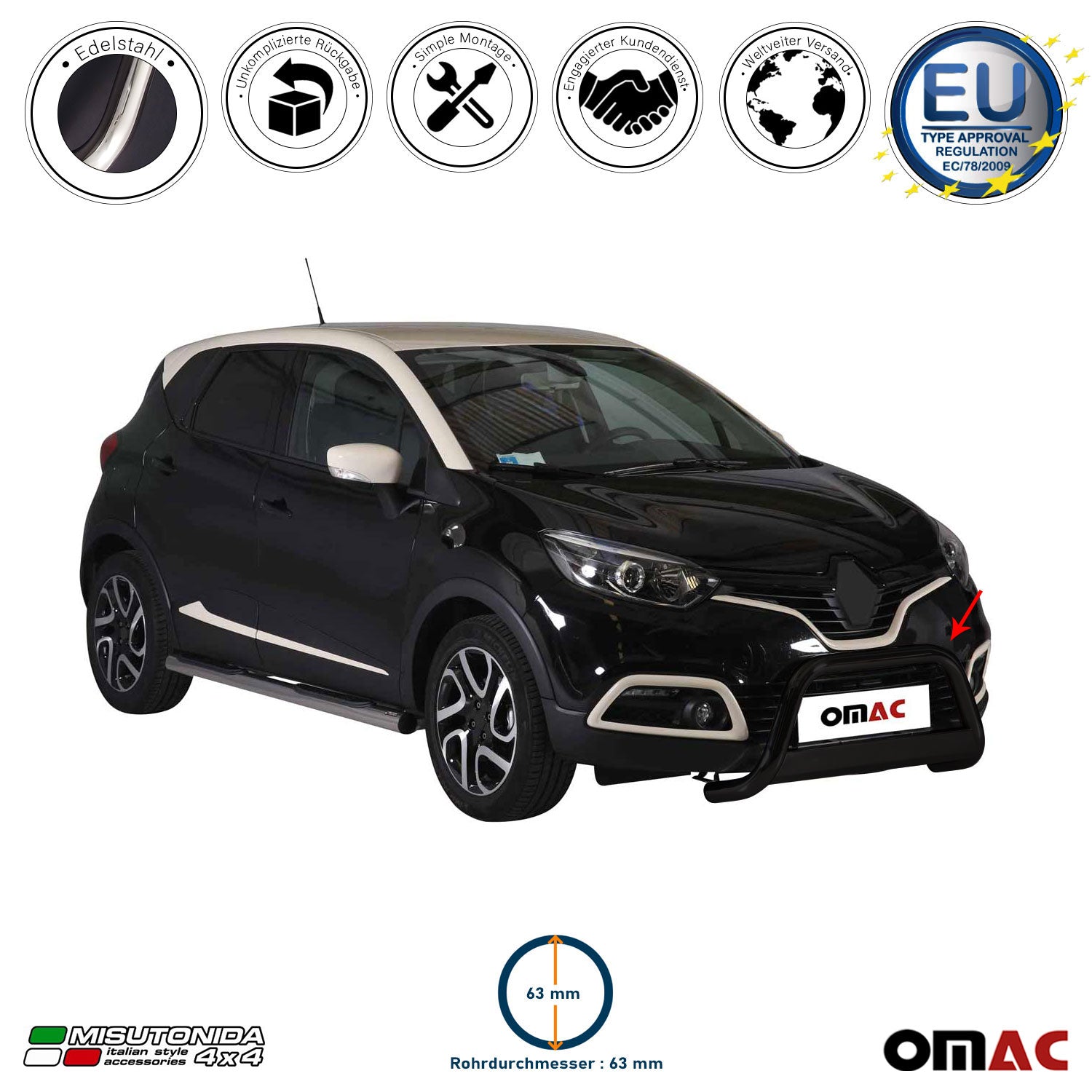 Frontbügel Frontschutzbügel für Renault Captur 2013-2017 ø63mm Stahl Schwarz