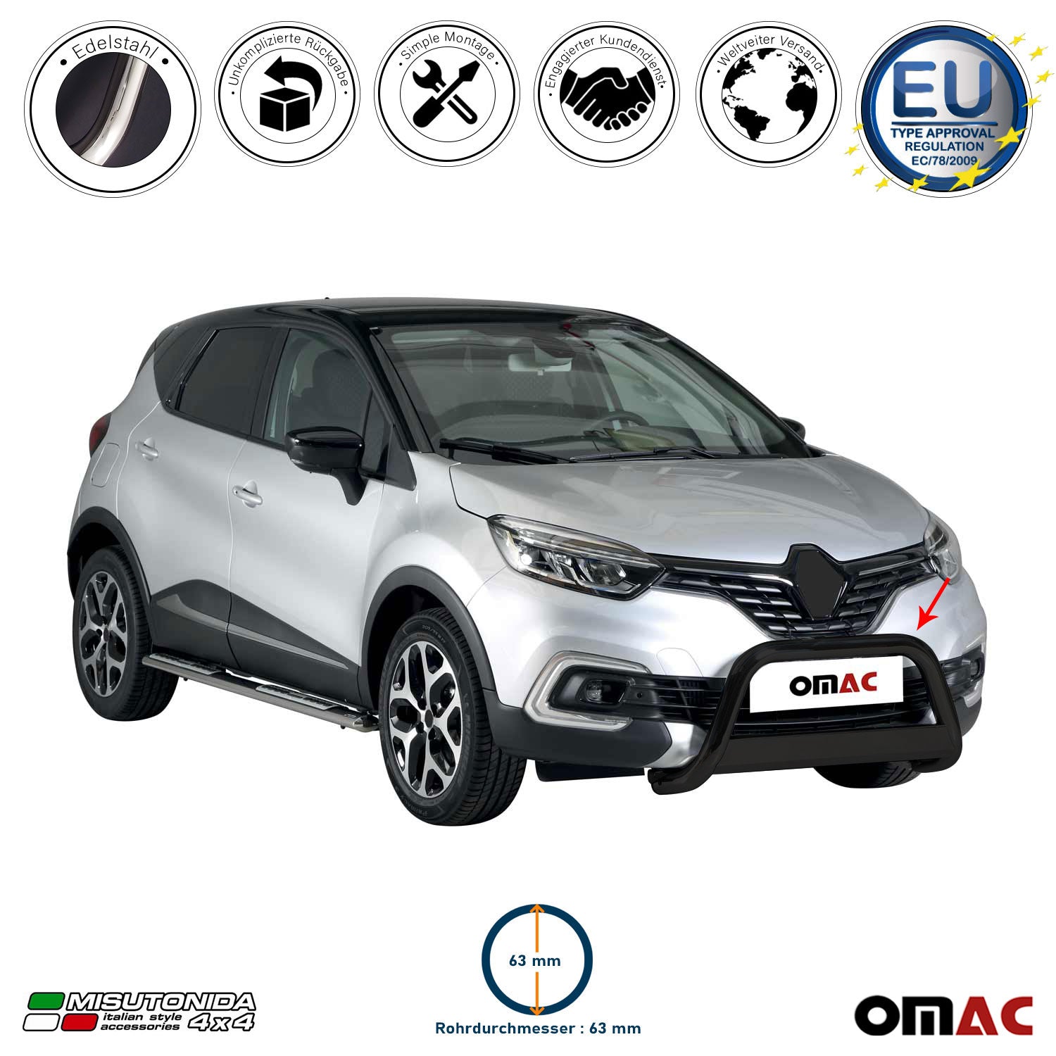 Frontbügel Frontschutzbügel für Renault Captur 2017-2019 ø63mm Stahl Schwarz