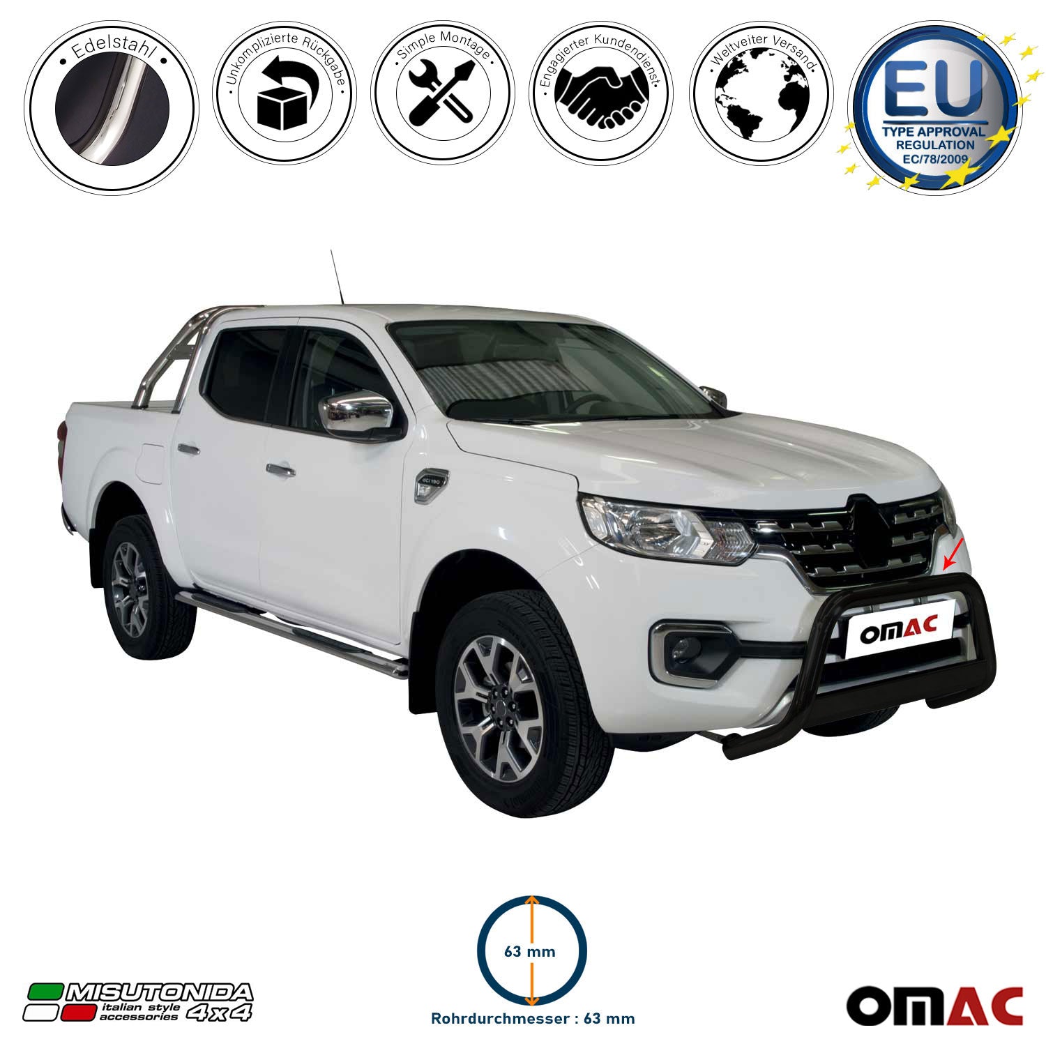 Frontbügel Frontschutzbügel für Renault Alaskan 2017-2021 ø63 Schwarz Edelstahl