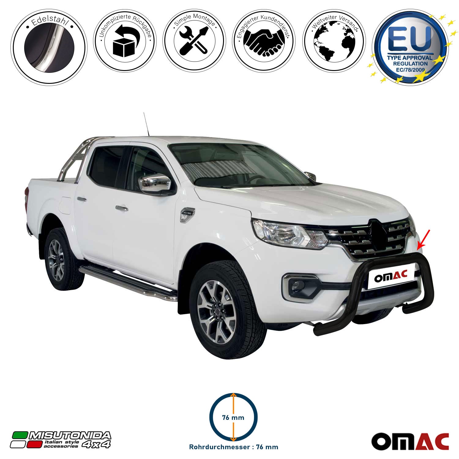 Frontbügel Frontschutzbügel für Renault Alaskan 2017-2021 ø63 Edelstahl Schwarz