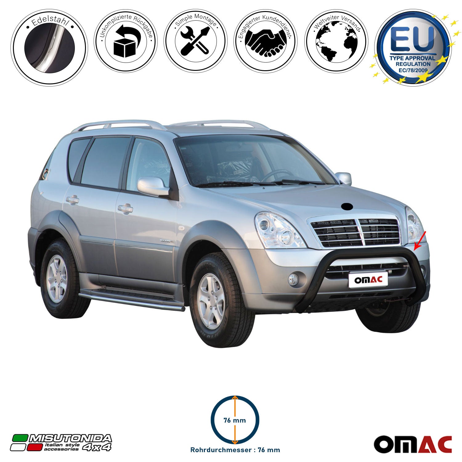 Frontbügel Frontschutzbügel für Ssangyong Rexton 2006-2012 ø76mm Stahl Schwarz