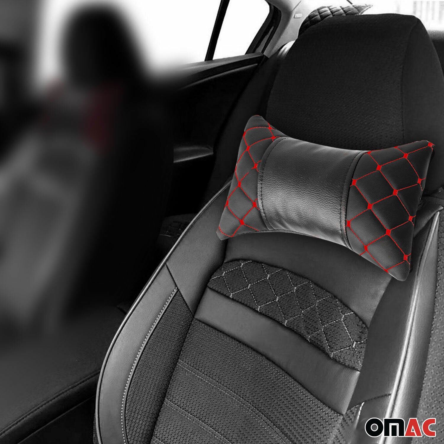 KFZ Auto Kopfstütze Kissen Autositzkissen Nackenkissen Leder Schwarz Rot 8x30cm