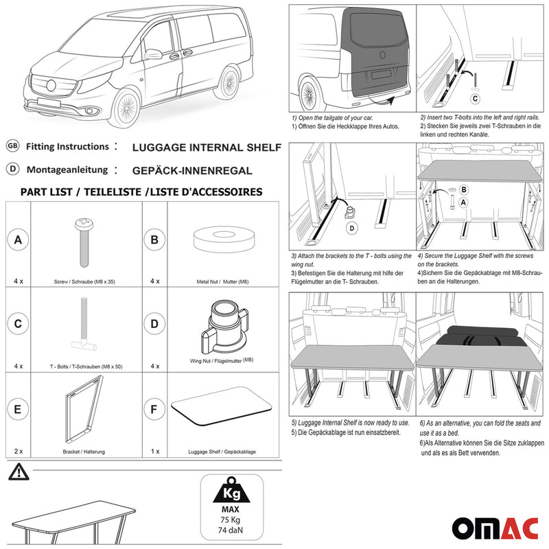 Multiflexboard Bettverlängerung Ablage für Mercedes Vito W447 2014-2024 Schwarz