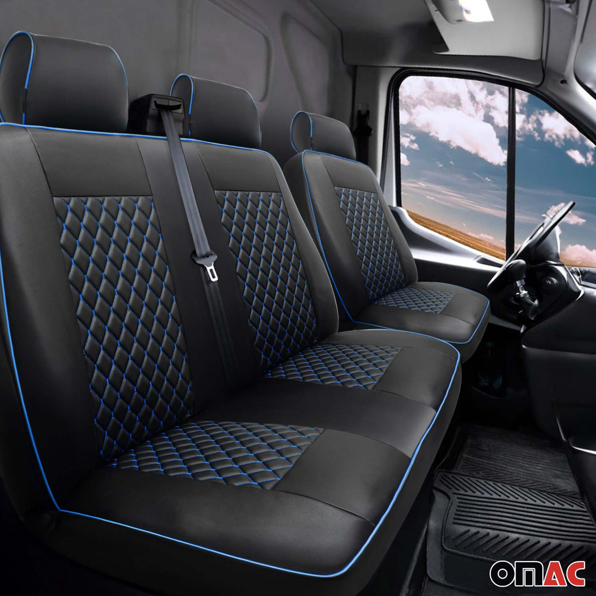 Sitzbezüge Schonbezüge für Ford Transit 2014-2024 Kunstleder Schwarz Blau 2+1